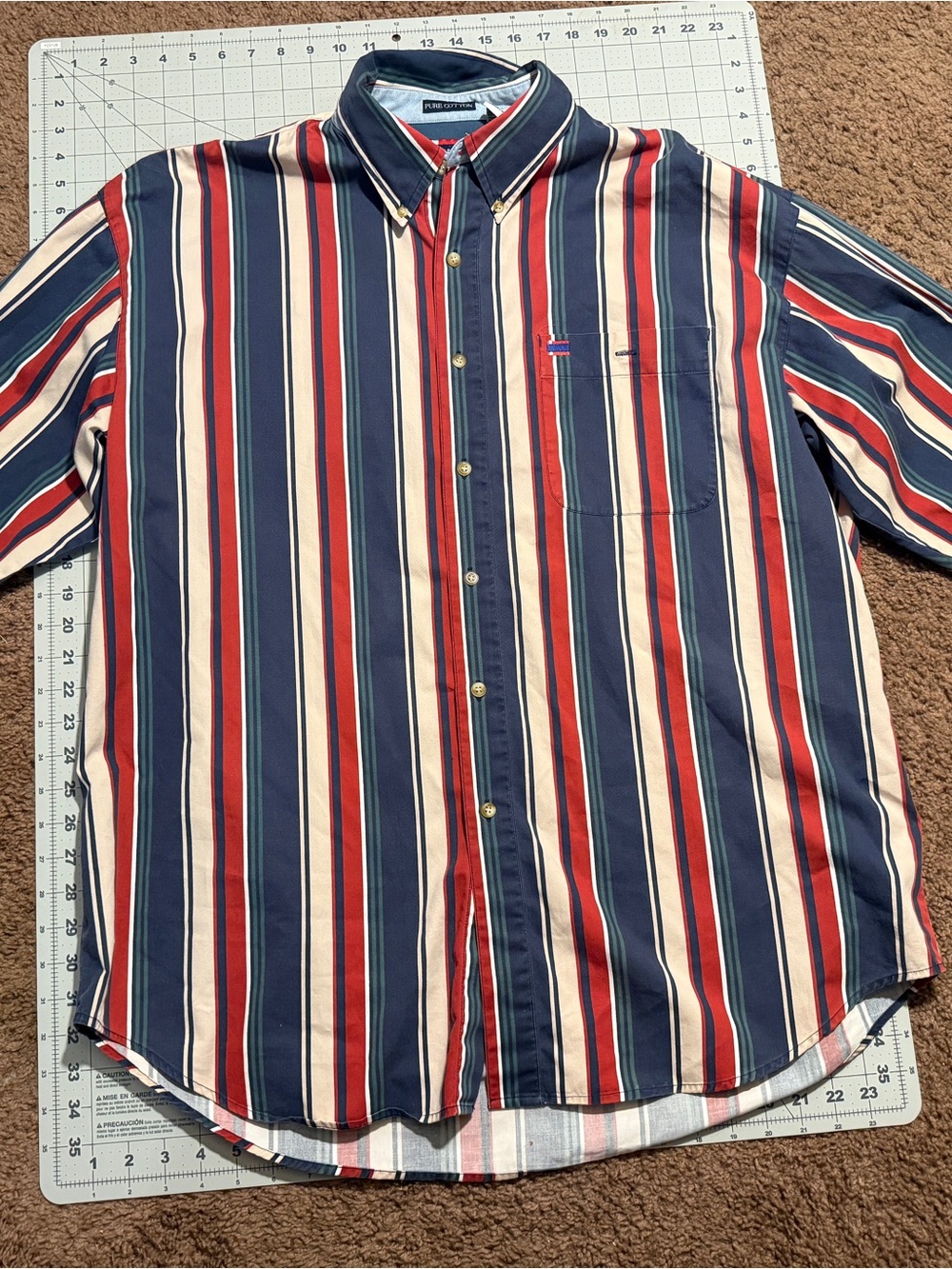 Bugle Boy Vertical Stripe Button-Down Shirt - Navy, Red & Cream